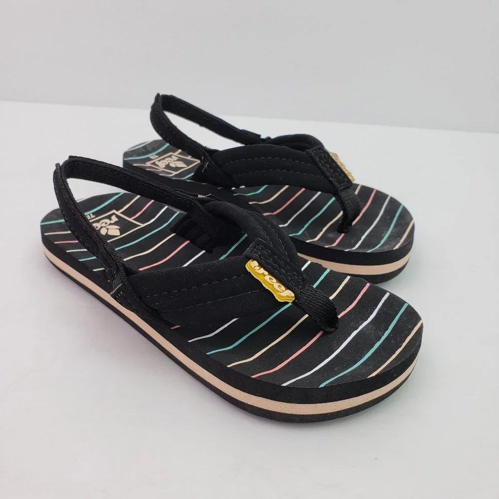 Reef Little Ahi Stripes Toddler Girls Size 9/10 Black Slip On Flip Flop Sandals